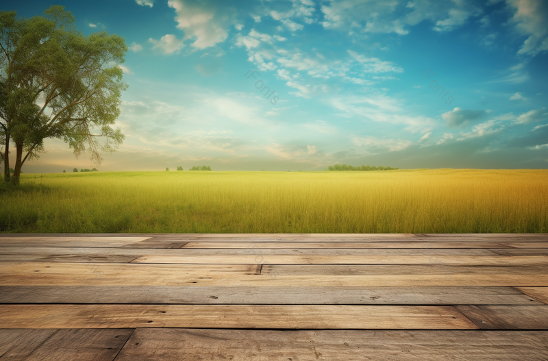 稻田大树木板地面空间背景,高清,摄影图,摄影图片,图片大全,摄影图免费下载